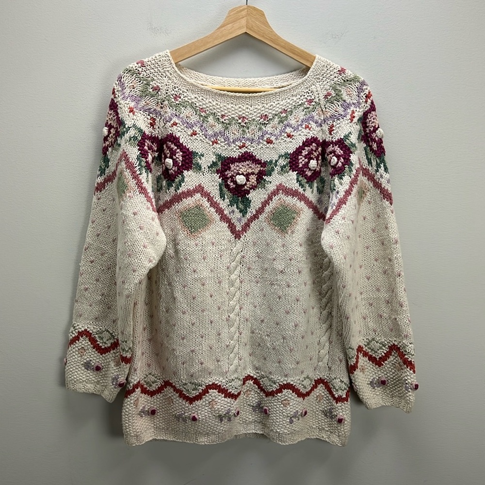 Vintage 90s Cottagecore Sweater Boaz Embroidered Knit Cream Grannycore Roses